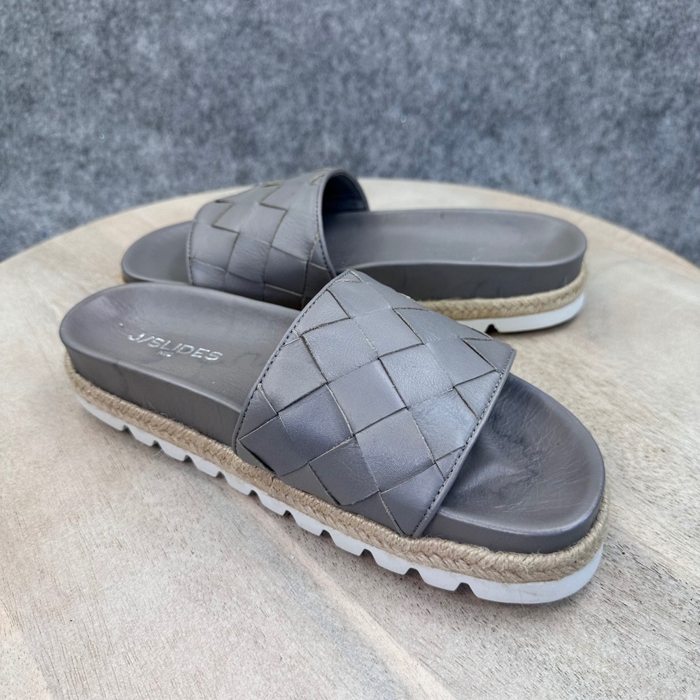 J/Slides NYC Rollie Grey Leather Woven Espadrille Platform Slides Womens 7.5 - Picture 10 of 14